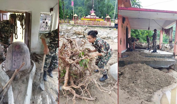 बाढीले क्षति पुर्याएको गोदावरी धाममा नेपाली सेनाले गर्यो सरसफाइ